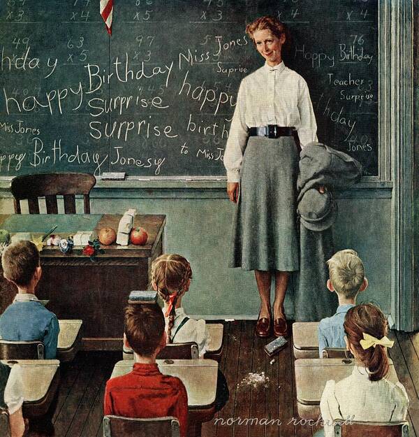 Birthdays Poster featuring the painting happy Birthday, Miss Jones by Norman Rockwell