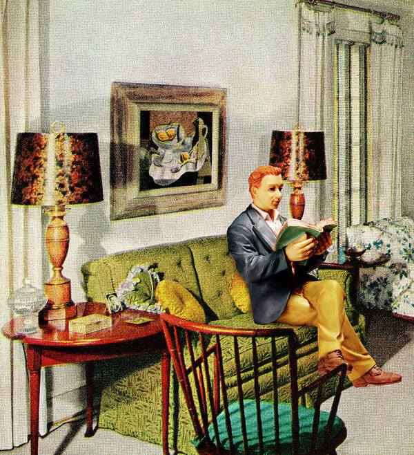 Adult Poster featuring the drawing Man Reading in Living Room by CSA Images