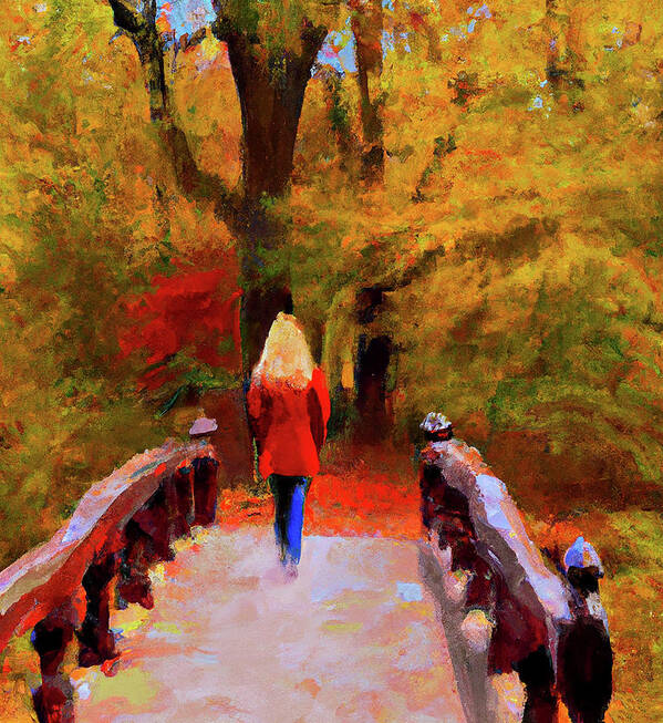 Autumn Poster featuring the digital art Autumn Stroll with Bridge by Alison Frank