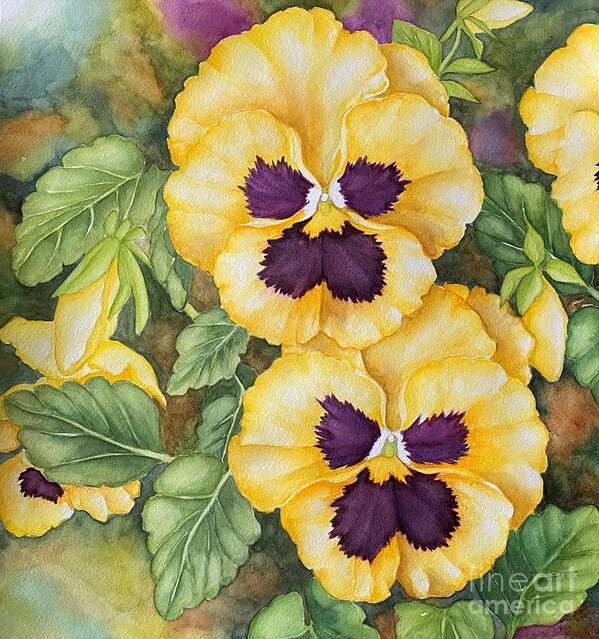 Pansy Poster featuring the painting Yellow pansies, closeup by Inese Poga