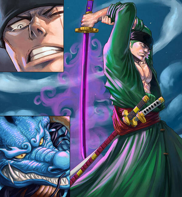 One Piece Poster featuring the digital art Zoro vs Kaido - One Sword Style by Darko B