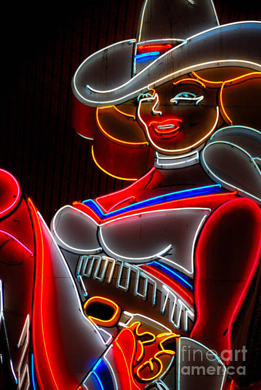 Cow Girl Poster featuring the photograph Cowgirl Neon Sign Fremont Street Las Vegas by Amy Cicconi