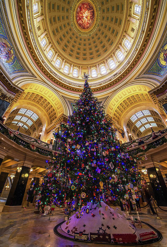 Wi Wisconsin State Capitol Rotunda Christmas Tree Decorated Lights Vertical Panorama Holiday Madison Poster featuring the photograph Capitol Christmas #2 by Peter Herman