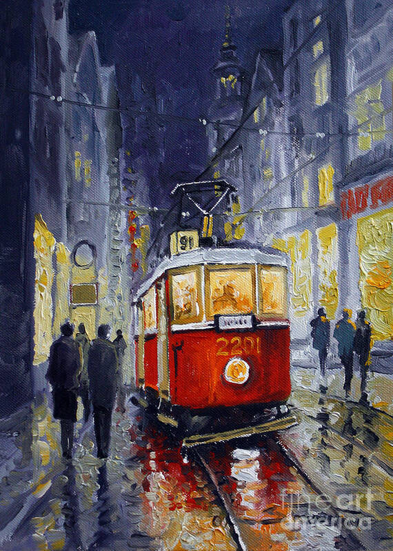 Oil Poster featuring the painting Prague Old Tram 06 by Yuriy Shevchuk