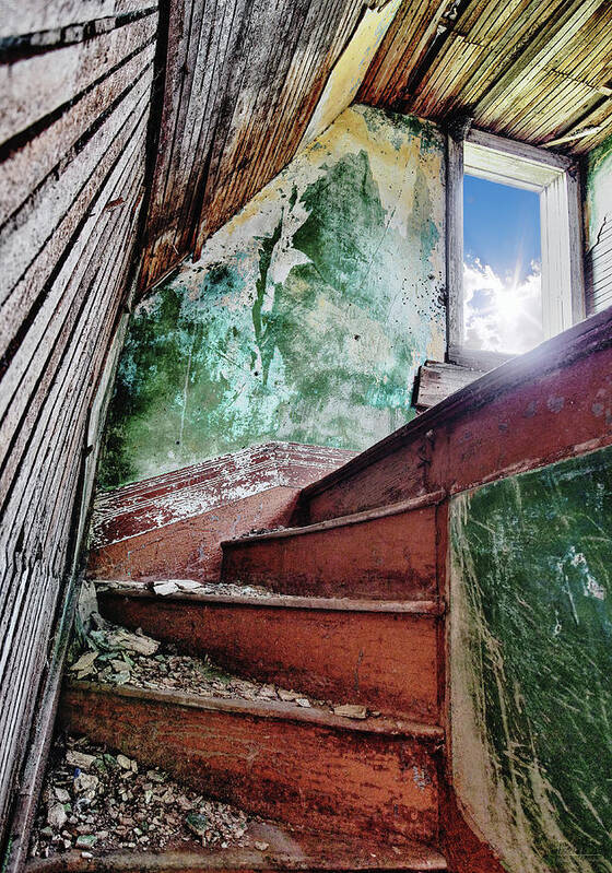 Torgerson Poster featuring the photograph Ascendant - handcrafted stairwell in the abandoned Torgerson farm homestead by Peter Herman