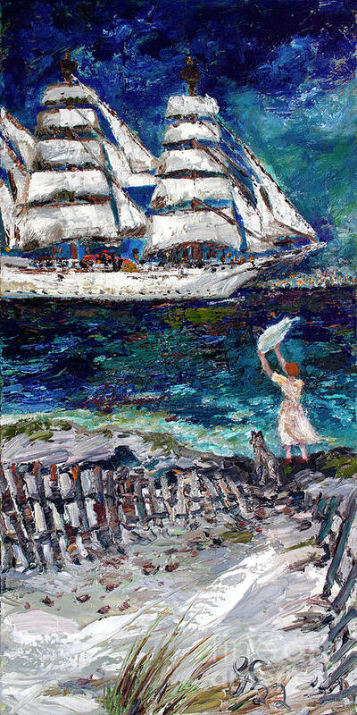 Oil Paintings Of Ships Poster featuring the painting Savannah Georgia Waving Girl Chinese Merchant Ship by Ginette Callaway