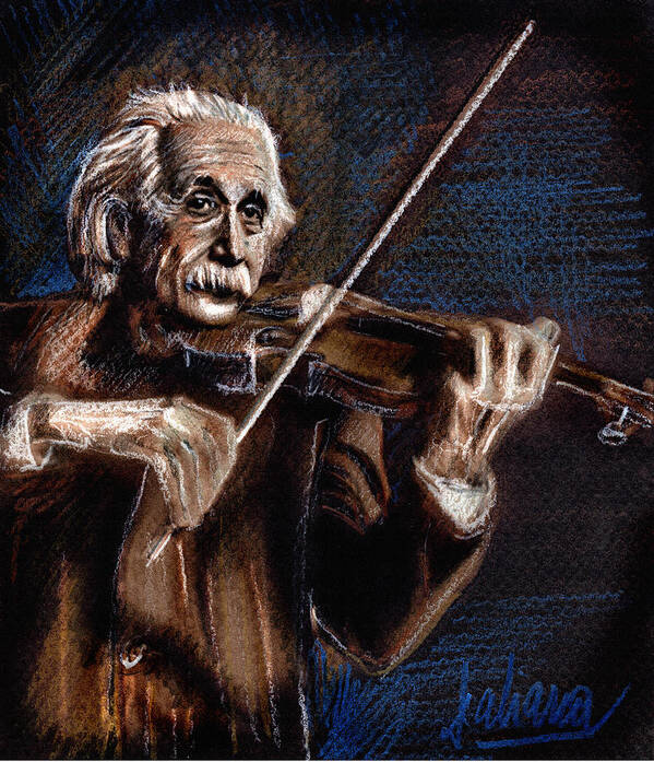 Albert Einstein Poster featuring the drawing Albert Einstein and Violin #1 by Daliana Pacuraru