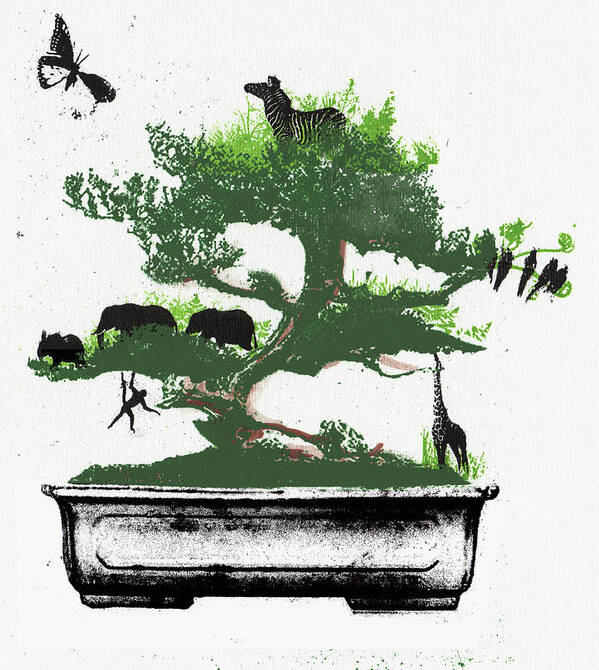 Advancement Poster featuring the photograph Assorted Animals In Bonsai Tree by Ikon Ikon Images