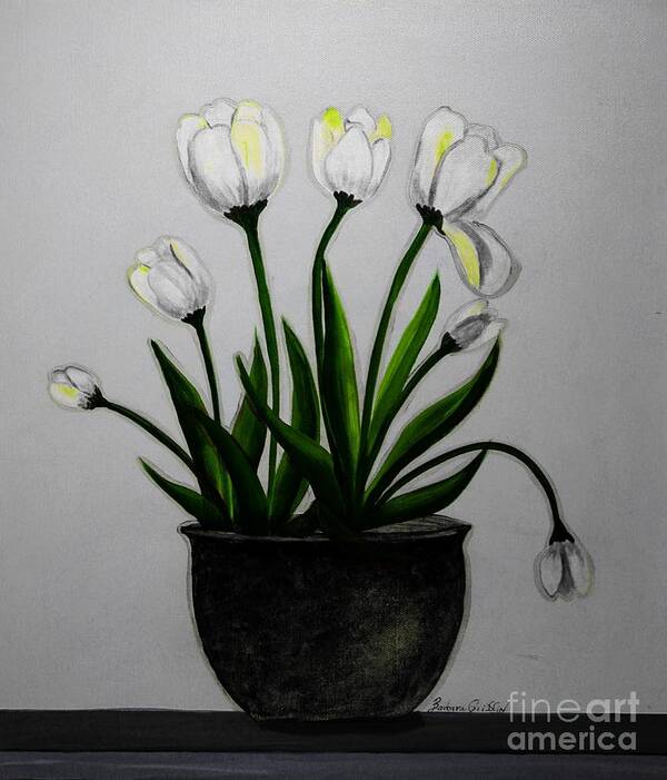 Barely White Tulips On A Table Poster featuring the painting Barely White Tulips on a Table by Barbara A Griffin