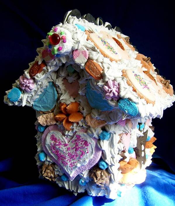 Cookie Poster featuring the mixed media Cookie Birdhouse Sculpture by Kathleen Luther