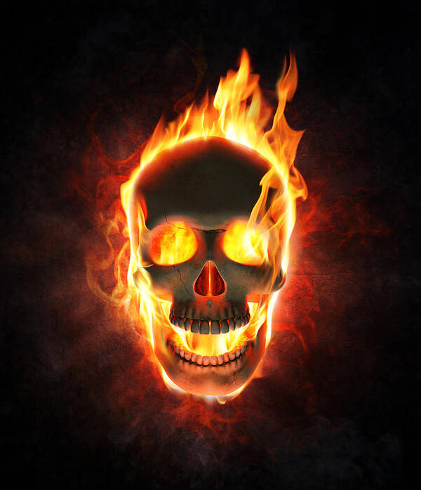 Skull Poster featuring the photograph Evil skull in flames and smoke by Johan Swanepoel