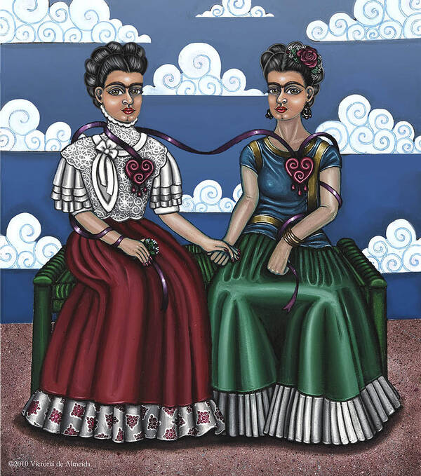 Hispanic Folk Art Poster featuring the painting Frida Beside Myself by Victoria De Almeida