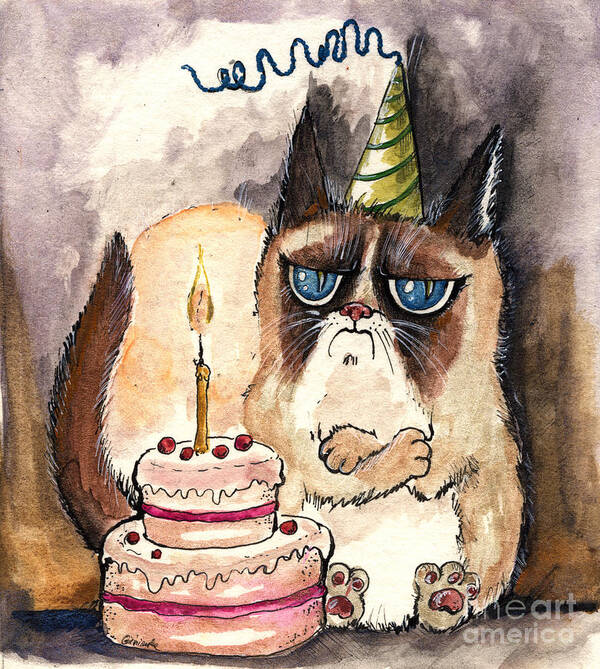 Cat Poster featuring the painting Grumpy Birthday Cat by Ang El