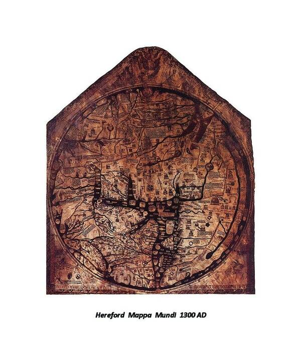 Hereford Mappa Mundi Latin 1300 Ad England English 1280 British Christian Uk Christianity United Kingdom Medium White Label Text 1285 Thirteenth Century 13th Hundred 13 Europe 12 Hundreds History Historic Historical Jesus Christ Father God Holy Spirit Calf Skin Group Artisan Artisans Art Artistic Illustration Drawing Image Picture Britain Jerusalem Famous Most Old Antique Antiquity Ad Anno Domini Year Of Our Lord Century Cathedral Church House Of God Calf Skin Craftsmen Craftsman Poster featuring the drawing Hereford Mappa Mundi 1300 Text Label Medium White Border by L Brown