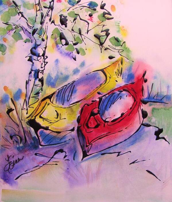Kayaks Poster featuring the painting Kayaks Napping-Drizzle by Terri Einer