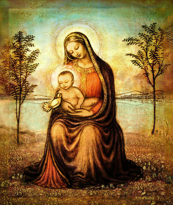 Madonna And Child Drawing Poster featuring the mixed media Madonna with the Dove by Ananda Vdovic