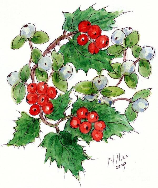 Berries Poster featuring the painting Mistletoe and Holly Wreath by Nell Hill