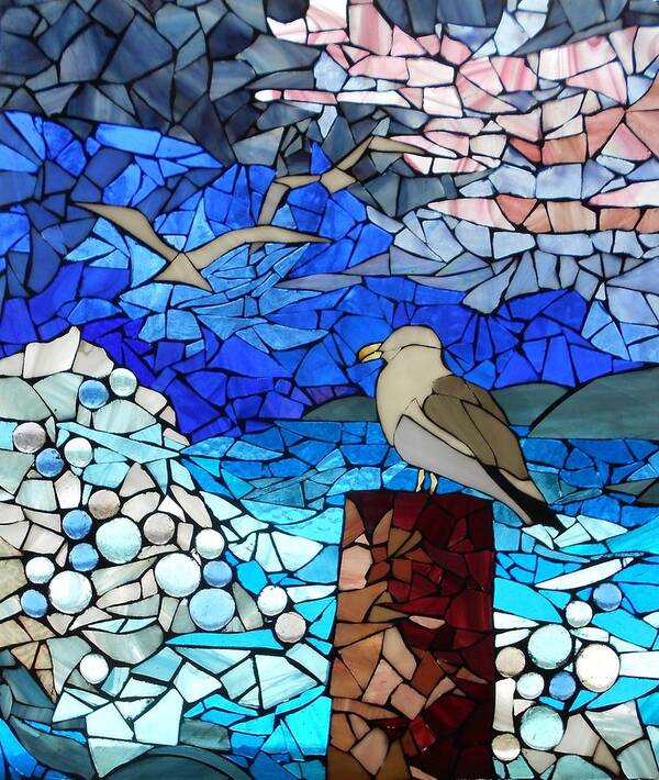 Sea Gull Poster featuring the glass art Mosaic Stained Glass - Three's a crowd by Catherine Van Der Woerd