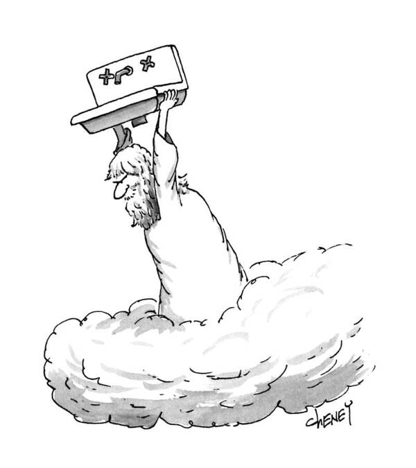 No Caption
Zeus Is Standing On A Cloud Getting Ready To Throw A Kitchen Sink To Earth Poster featuring the drawing New Yorker April 10th, 1995 by Tom Cheney