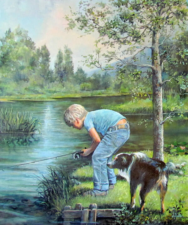 Nature Poster featuring the painting Seth and Spiky Fishing by Donna Tucker