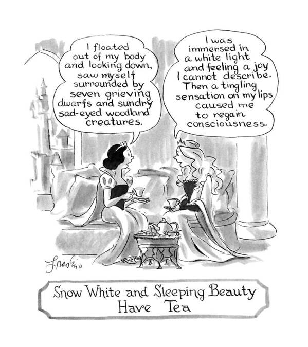 Characters Poster featuring the drawing Snow White And Sleeping Beauty Have Tea by Edward Frascino