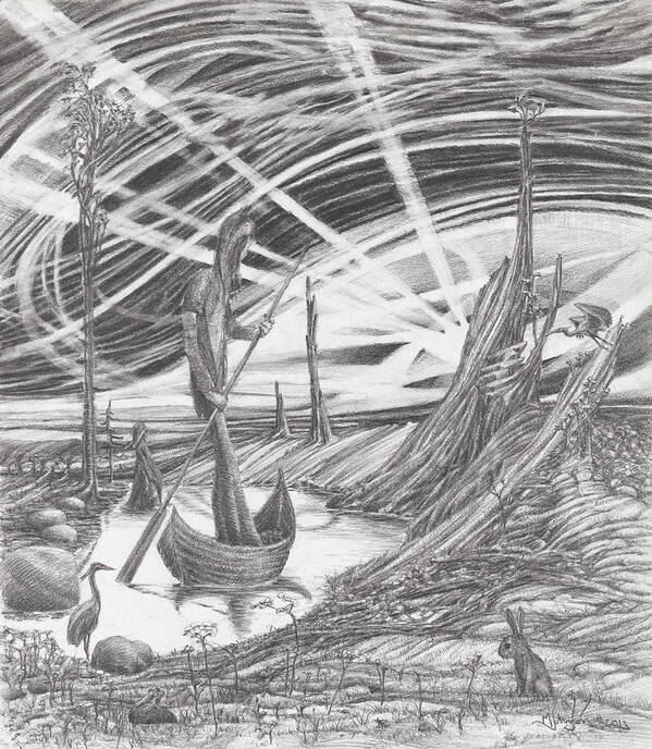 Boat Sky Animals Drawing Surreal Fantasy Ancient Birds Animals Trees Poster featuring the drawing The Boatman by Mark Johnson