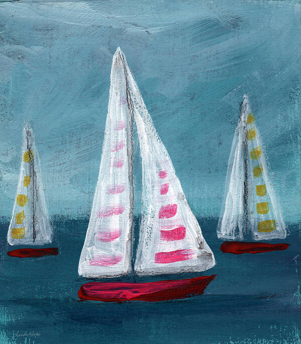 Boats Poster featuring the painting Three Sailboats by Linda Woods