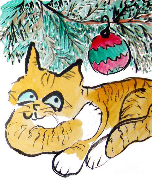 Funny Happy Humor Cute Animal Whimsy Whimsical Pets Christmas christmas-cat christmas Kitten  Cats Poster featuring the painting Just Stretching by Ellen Miffitt