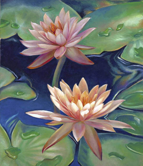 Twin Water Lilies Poster featuring the painting Peachy Pink Nymphaea Water Lilies by Nancy Tilles