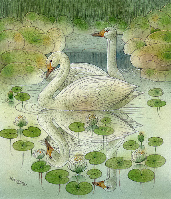 Swan Birds Lake Water Green White Water Lilies Poster featuring the painting the Swans by Kestutis Kasparavicius