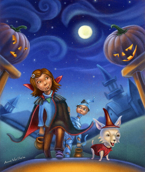 Halloween Poster featuring the mixed media Trick of Treating by Anne Wertheim