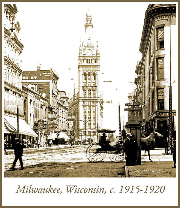 Documentary Poster featuring the photograph Downtown Milwaukee, c. 1915-1920, Vintage Photograph #3 by A Macarthur Gurmankin