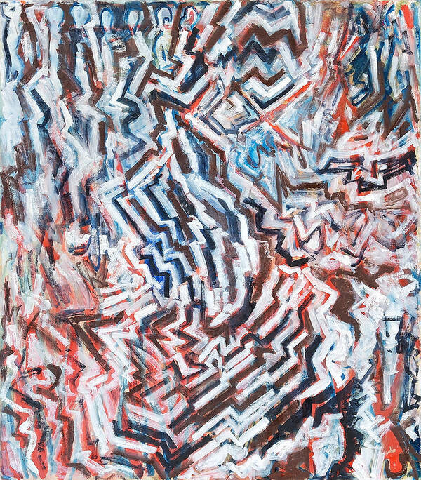 Abstract White Red Brown Blue Layered Pattern Poster featuring the painting Heart Of Slate by Joan De Bot