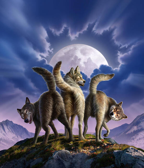 Wolf Poster featuring the digital art 3 Wolves Mooning by Jerry LoFaro