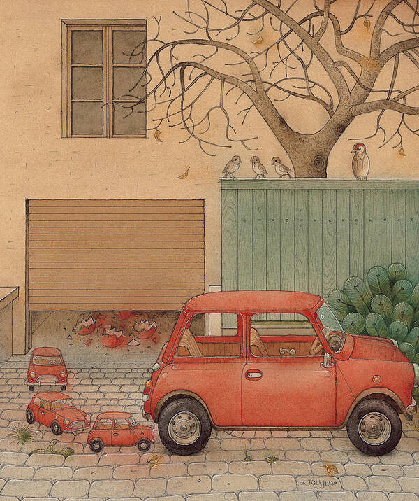 Car House Automobile Egg Red Tree Poster featuring the painting Automobile by Kestutis Kasparavicius