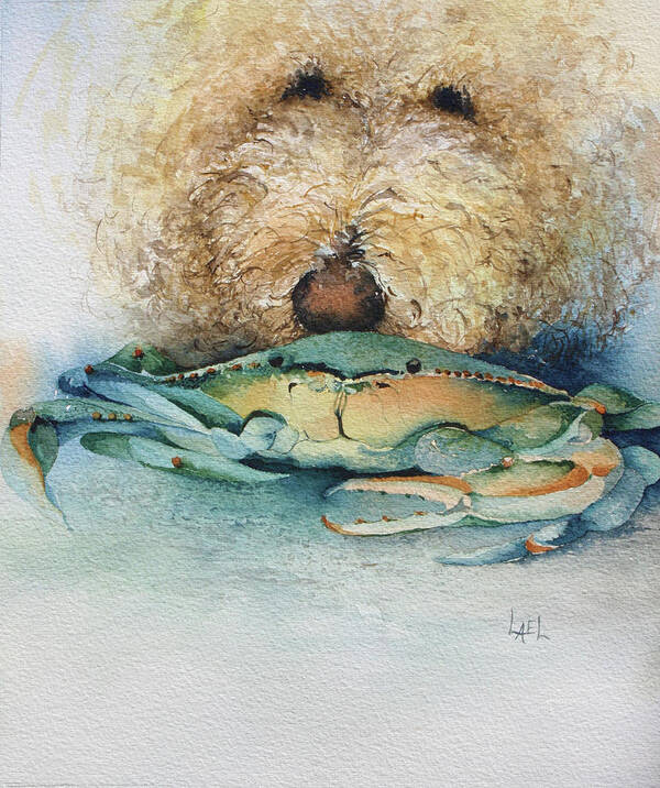Dog Poster featuring the painting Barklee and the Crab by Lael Rutherford
