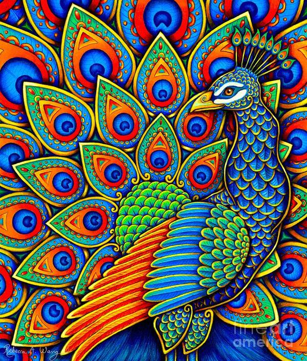 Peacock Poster featuring the drawing Colorful Paisley Peacock by Rebecca Wang