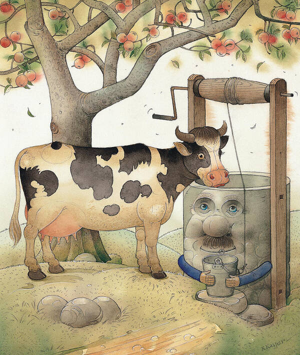 Cow Well Apple Tree Summer Green Thirst Poster featuring the painting Cow and Well by Kestutis Kasparavicius