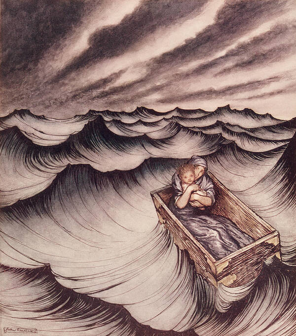 Arthur Rackham Poster featuring the drawing Danae and her son Perseus put in a chest and cast into the sea by Arthur Rackham