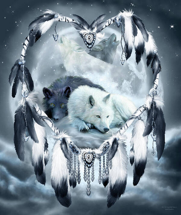 Carol Cavalaris Poster featuring the mixed media Dream Catcher - Yin Yang Wolf Mates 2 by Carol Cavalaris
