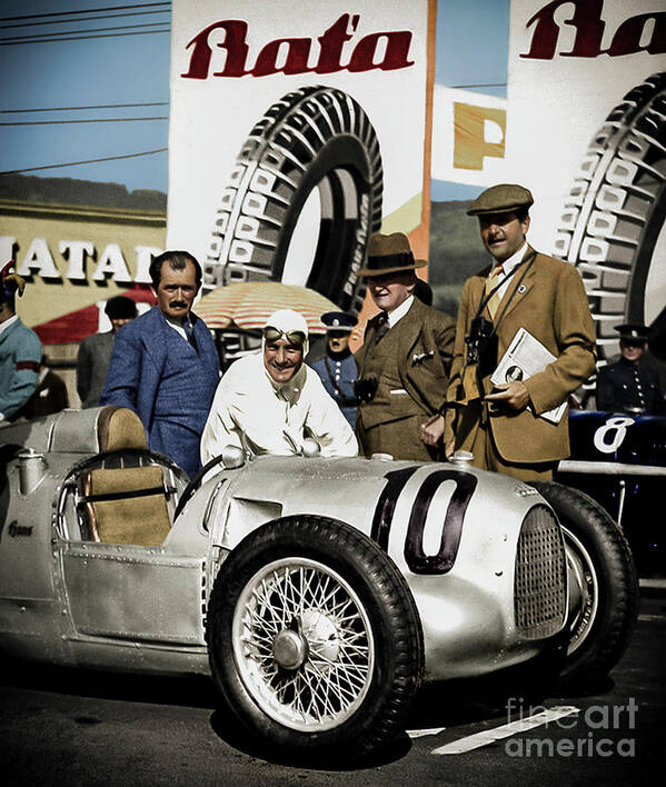 Porshe Poster featuring the photograph Ferdinand Porshe and Hans Stuck and the Auto-Union Type A by Franchi Torres