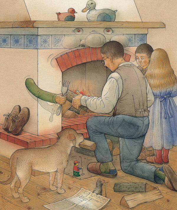 Fireplace Dog Wood Shoes Brown Family Poster featuring the painting Fireplace by Kestutis Kasparavicius