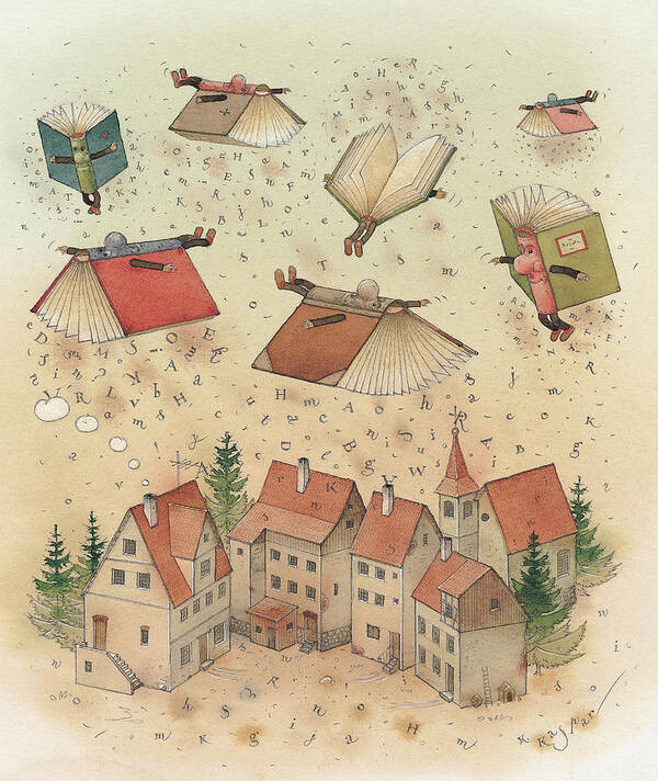 Books Town Flying Alphabet Poster featuring the painting Flying Books by Kestutis Kasparavicius