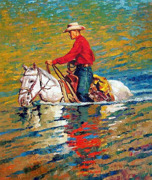 Cowboy Poster featuring the painting In Deep Water by John Lautermilch