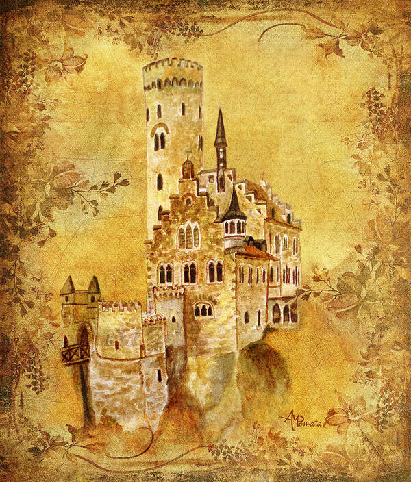 Castles Poster featuring the painting Medieval Golden Castle by Angeles M Pomata