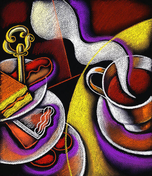 Appetite Baked Goods Coffee Coffee Cup Coffeepot Color Color Image Colour Cup Daytime Dish Drawing Drink Food Food And Drink Fulfilling Group High Angle High Angle View Illustration Illustration And Painting Morning Muffin Nobody Pot Relaxation Resting Satisfaction Saucer Small Group Of Objects Steam Steaming Tea Teacup Teapot Thirst Thirsty Vertical Poster featuring the painting My Morning Coffee by Leon Zernitsky