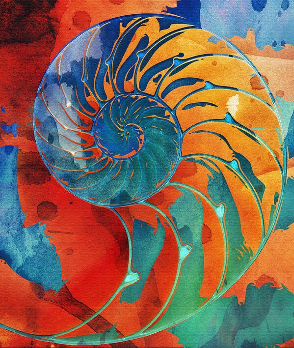 Clare Bambers Poster featuring the digital art Nautilus Shell Orange Blue Green by Clare Bambers