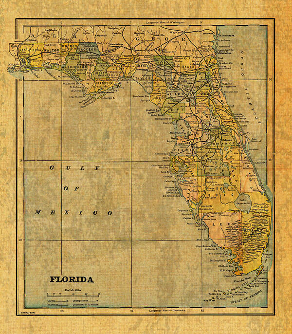 Old Poster featuring the mixed media Old Map of Florida Vintage Circa 1893 on Worn Distressed Parchment by Design Turnpike