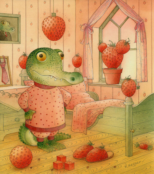 Strawberries Childrens Room Dream Kitchen Pink Crocodile Red Poster featuring the painting Strawberry Day by Kestutis Kasparavicius