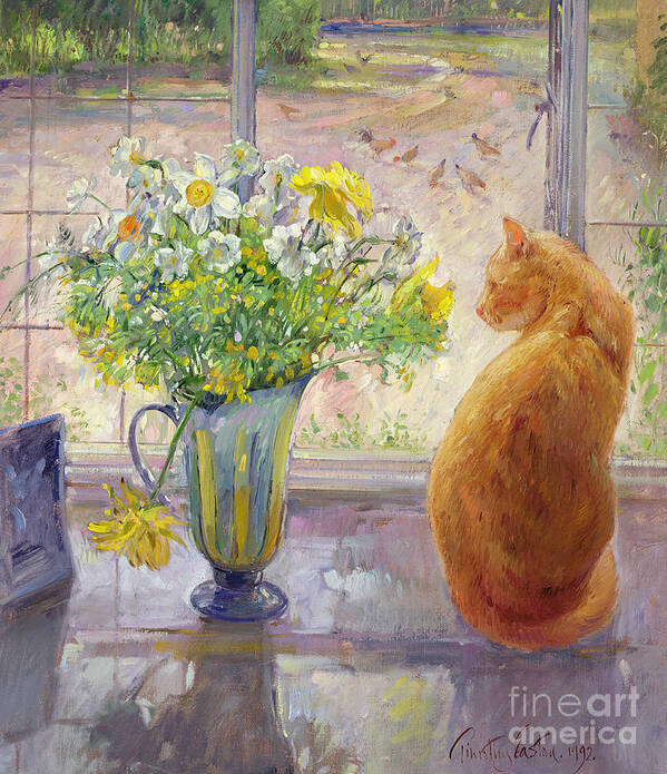 Ginger; Cat; Vase; Narcissi; Chicken; Pheasants Eye; Flower; Flowers ; Window; Open Window; Pheasant Poster featuring the painting Striped Jug with Spring Flowers by Timothy Easton